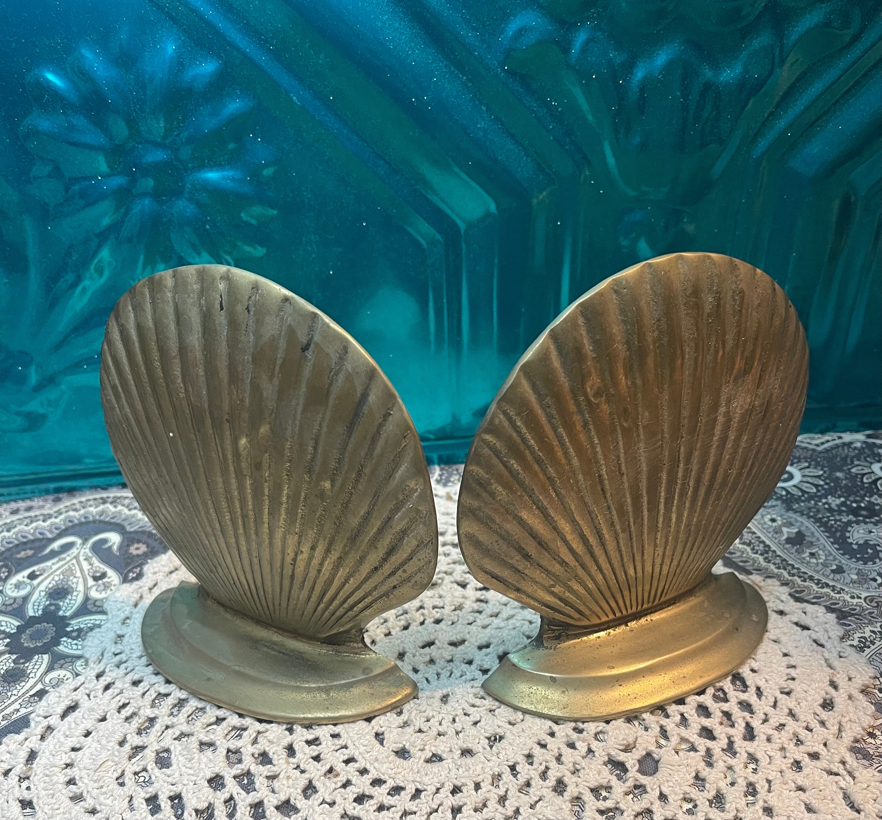 Vintage Pair of Solid Brass Seashell Bookends Clam Shell Shaped  Paperweights -  Finland