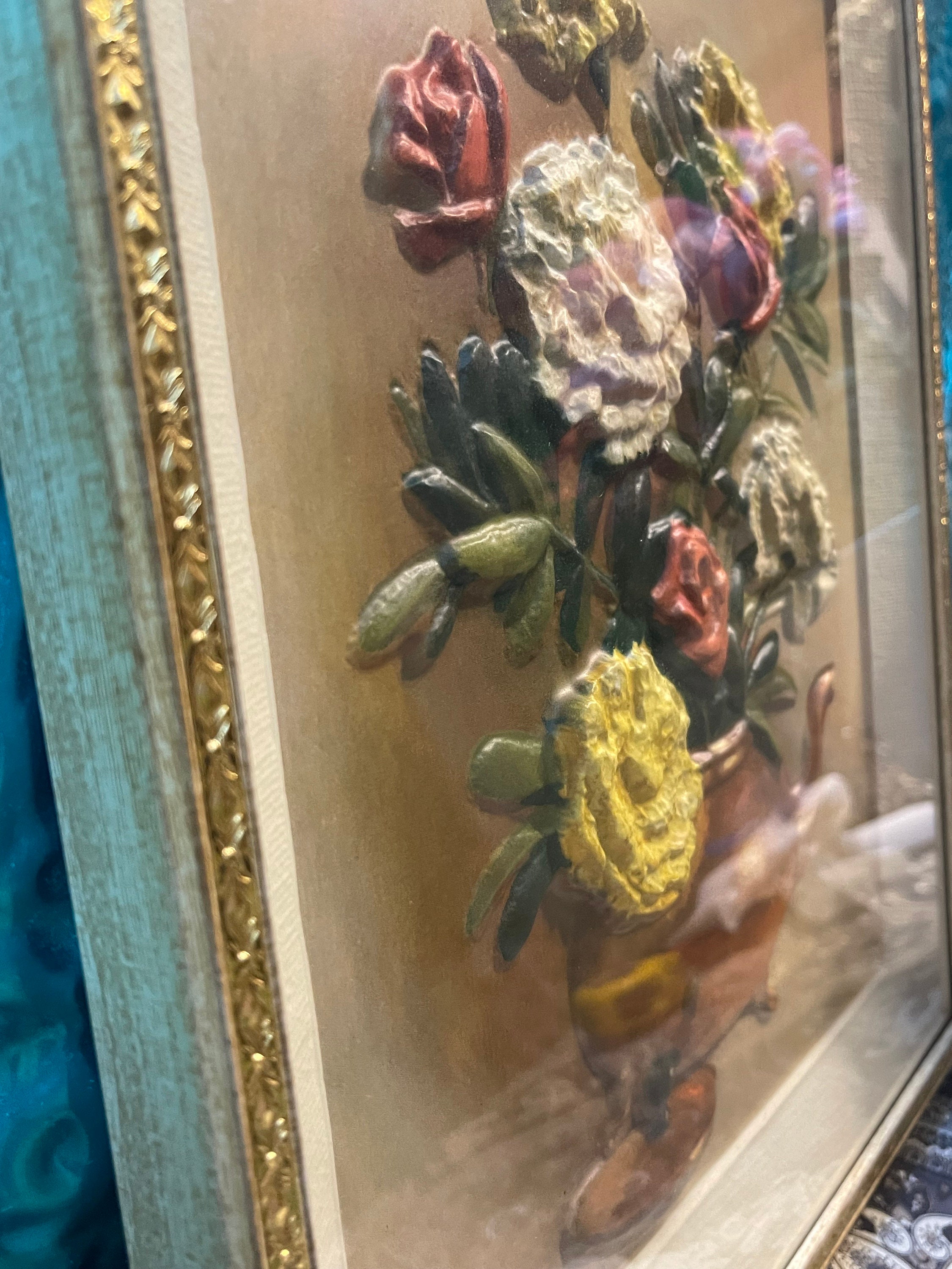 Vintage Framed 3d Flower Still Life in Metal Frame - Shadow