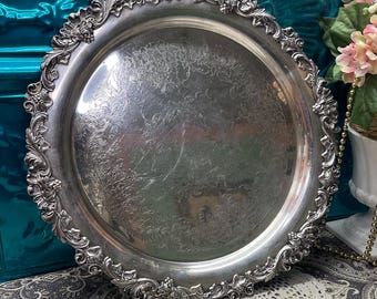 Vintage heavy 4lbs 15.5 inches Diameter etched silver plated tray ornate rim- serving tray - candle tray -  aged