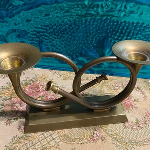 Vintage brass bugle horn double candlestick holder- aged