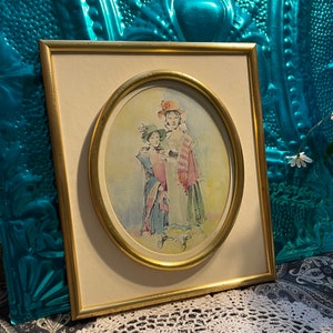 Vintage unique gold framed Print with glass - pastel tones - girls - Victorian style- aged