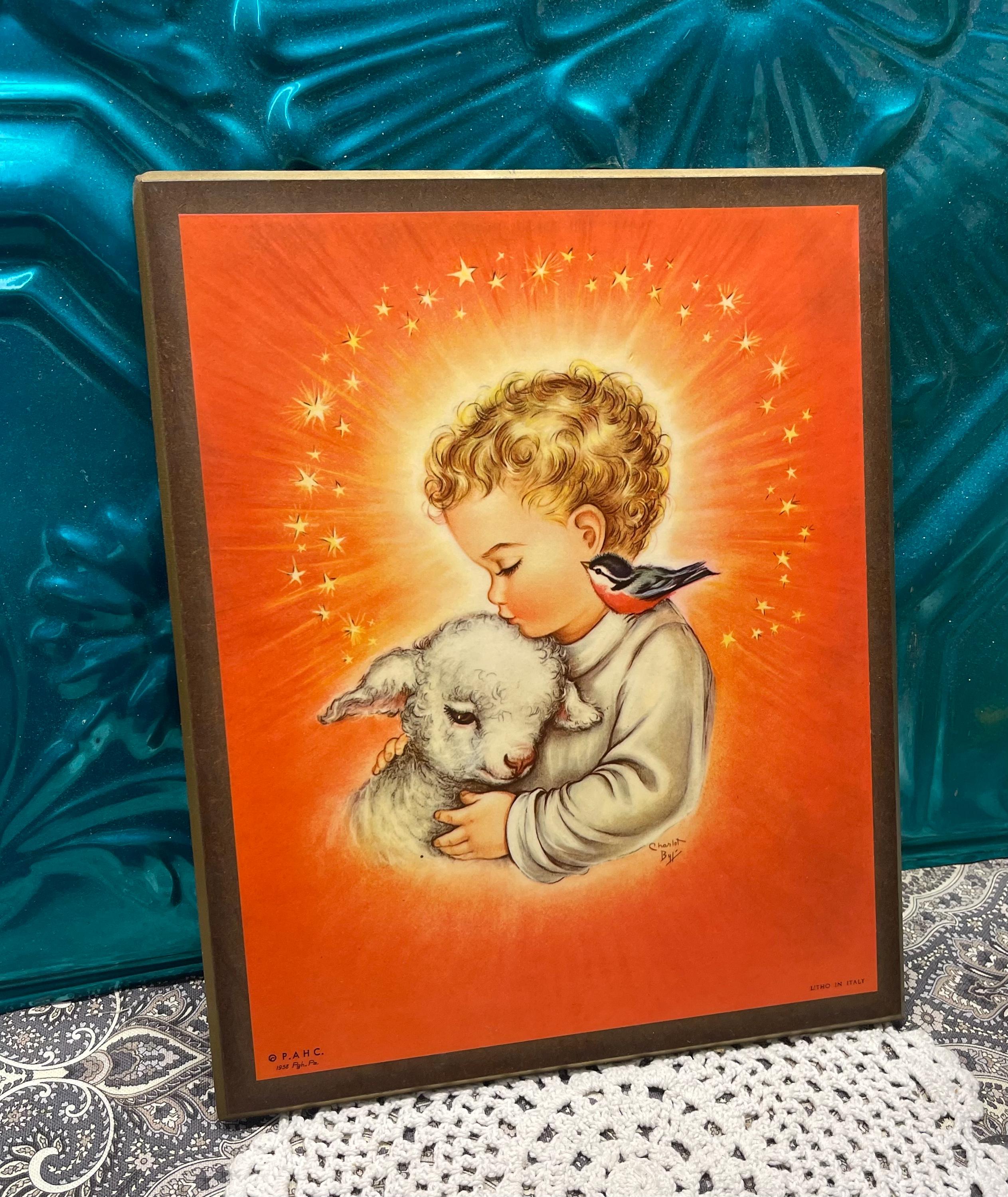 【Pastoral Window 】lithograph直筆サインEdition Vintage 1958 Lithograph Wall Plaque- Child- Lamb- Bird - Aged Made