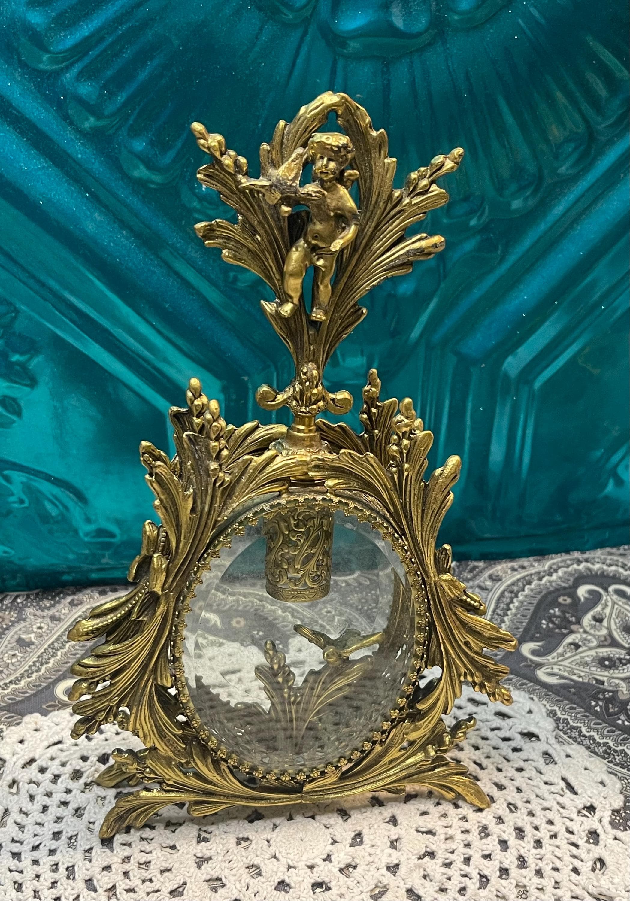 Vintage Ornate Filigree Ormolu Perfume Bottle -cherub- Bird- Aged