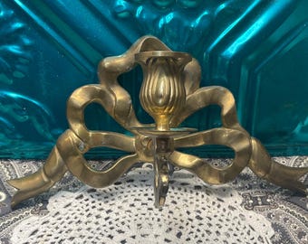 Vintage heavy tarnished brass bow design wall sconce candle holder- aged
