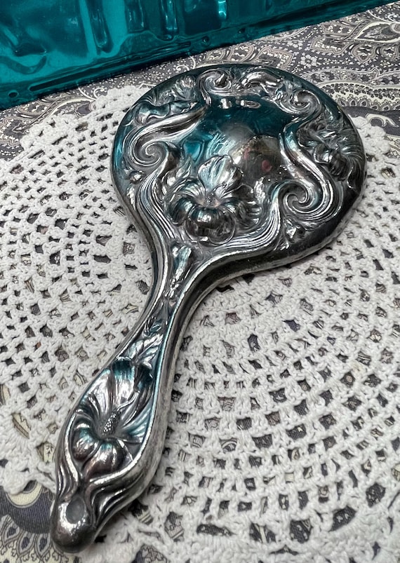 ★銀製★手鏡 花柄 彫刻細工 昭和レトロ アンティーク 希少 26g Antique Silver Plated Art Nouveau Hand Mirror- Floral Embossed