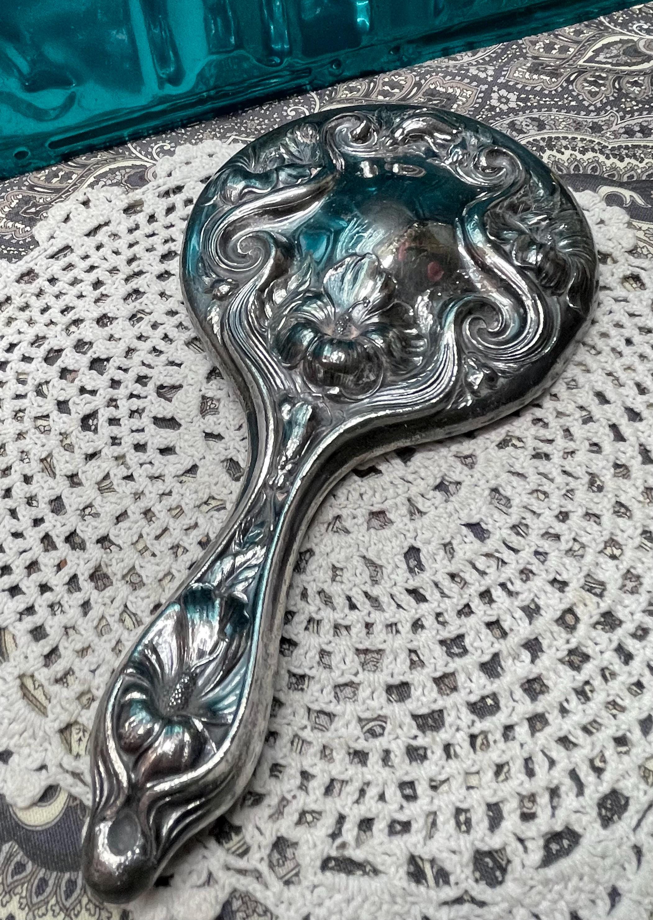 Antique Silver Plated Art Nouveau Hand Mirror- Floral Embossed