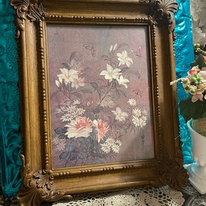 Vintage large ornate plastic framed butterfly- flower print under glass