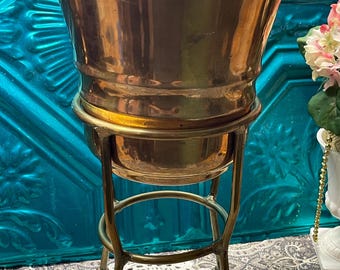 Vintage heavy brass planter with handles on stand - 11.9 lbs - aged