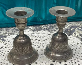 Vintage floral etched silver tone bell candlestick holder- set of 2 aged