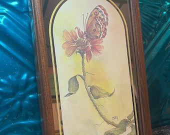 Vintage wood framed mirror with printed butterfly flower