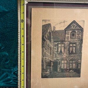 Antique- Vintage signed numbered print-etching in filigree metal frame - aged bild 5