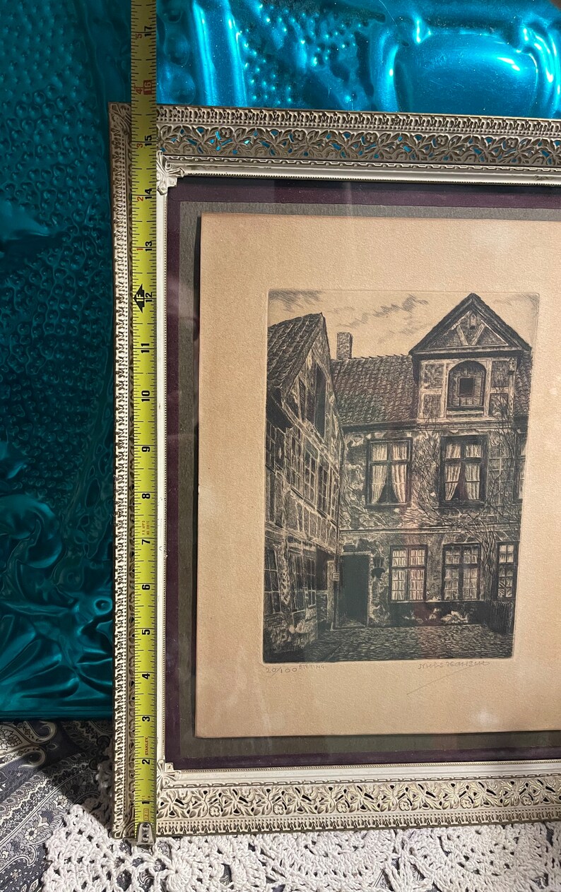 Antique- Vintage signed numbered print-etching in filigree metal frame - aged bild 5