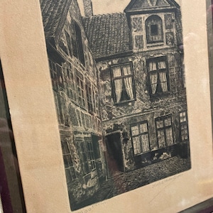 Antique- Vintage signed numbered print-etching in filigree metal frame - aged bild 8