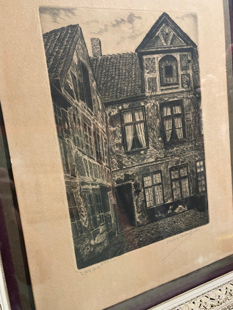 Antique- Vintage signed numbered print-etching in filigree metal frame - aged bild 8