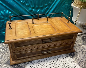 Vintage wooden dresser organizer Wallet holder - jewelry box with brass railing- 2 drawers