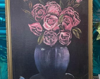 Vintage wood framed rose - flower still life painting on canvas board