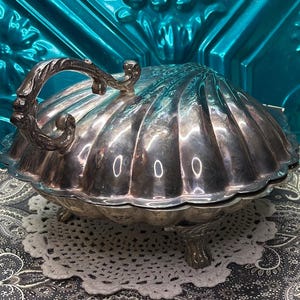Vintage large ornate footed silver plated  hinged shell dish- serving dish with handle- aged - some wear