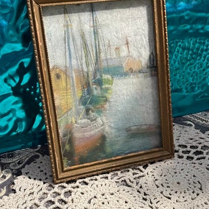 Vintage small print-  in aged wood frame  - fishing village- showing it’s age