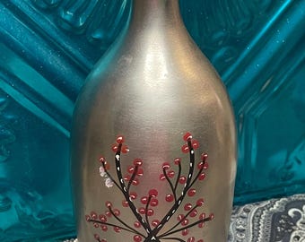 Vintage heavy silver tone brass vase-painted Japanese style floral details