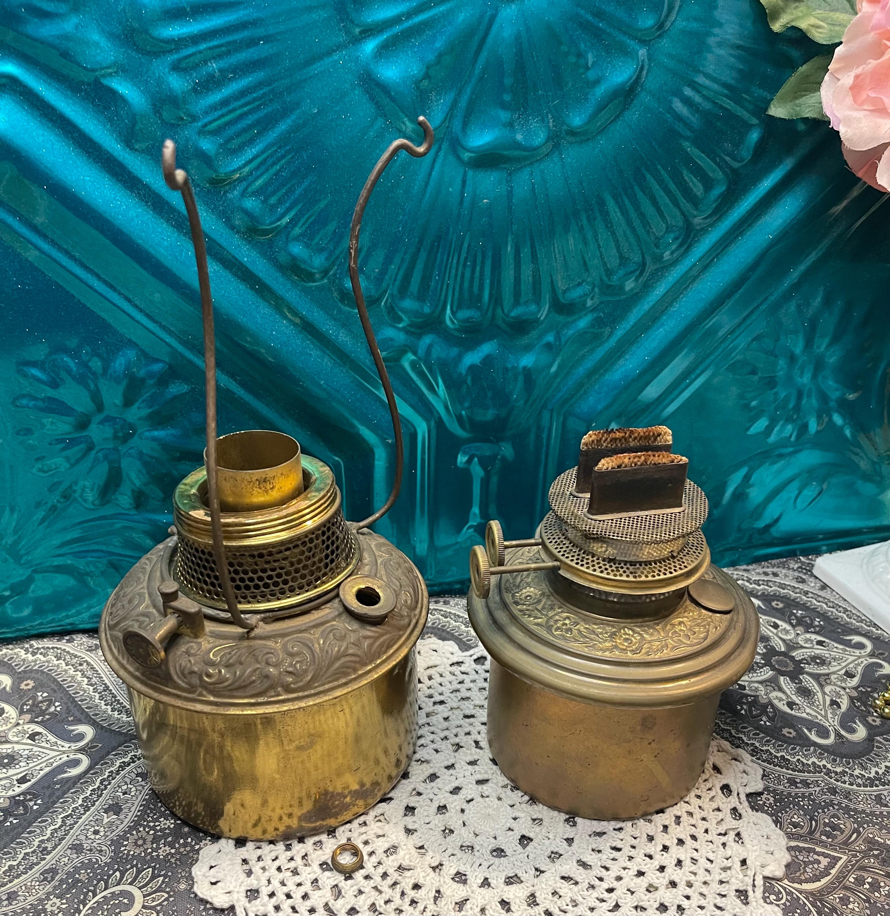 Antique Brass Kerosene Lamp Inserts - Set of 2 Not Identical- Aged