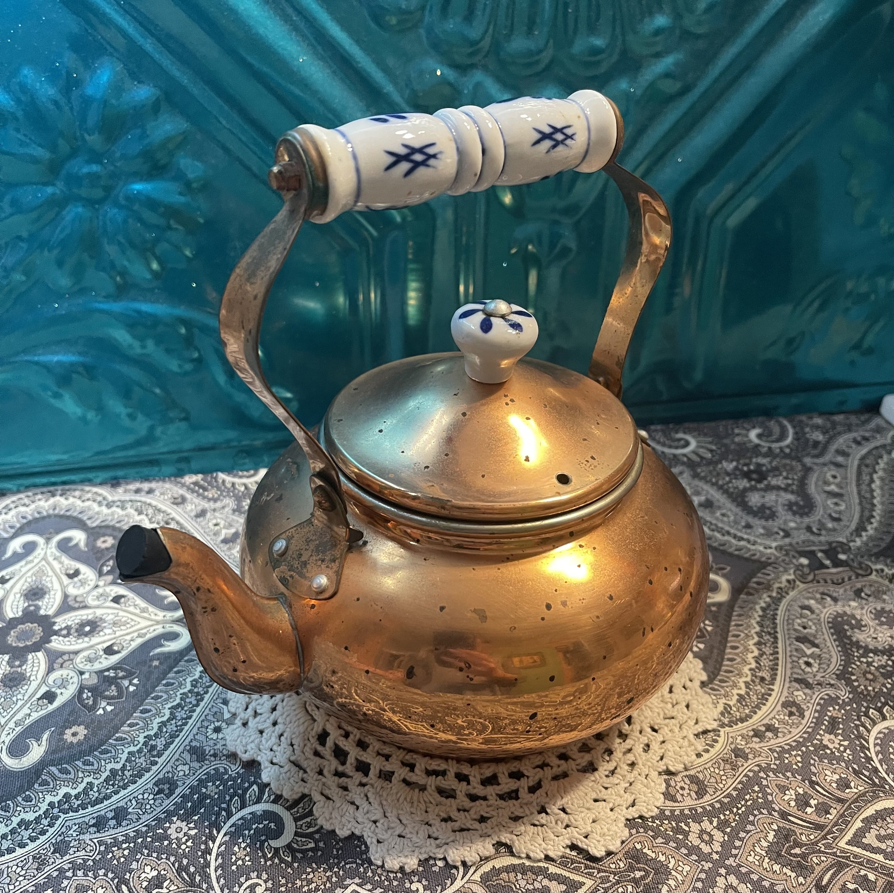 Vintage Small Copper Kettle With Blue and White Porcelain or
