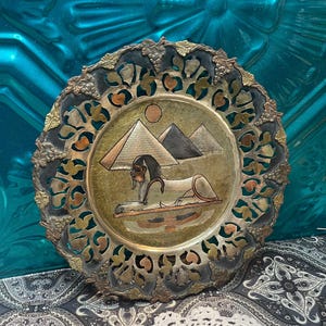 Vintage brass - copper- other metals embossed ornate rim Egyptian wall plate - aged