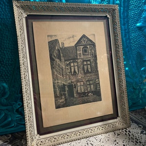Antique- Vintage signed numbered print-etching in filigree metal frame - aged bild 1