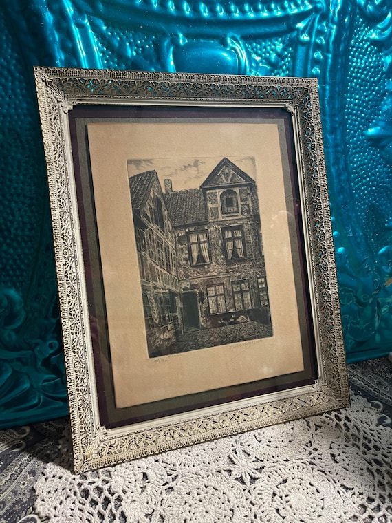 Antique- Vintage signed numbered print-etching in filigree metal frame - aged