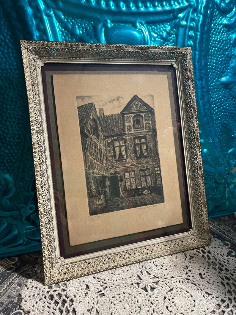 Antique- Vintage signed numbered print-etching in filigree metal frame - aged bild 1