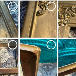 K&ouml;nnte beinhalten: Nahaufnahme der Ecken eines goldenen Bilderrahmens mit verzierten Details. Der Rahmen weist Gebrauchsspuren auf, mit einigen Abplatzern und Kratzern.