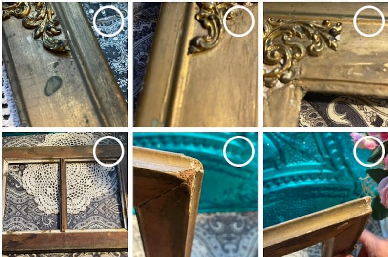 K&ouml;nnte beinhalten: Nahaufnahme der Ecken eines goldenen Bilderrahmens mit verzierten Details. Der Rahmen weist Gebrauchsspuren auf, mit einigen Abplatzern und Kratzern.