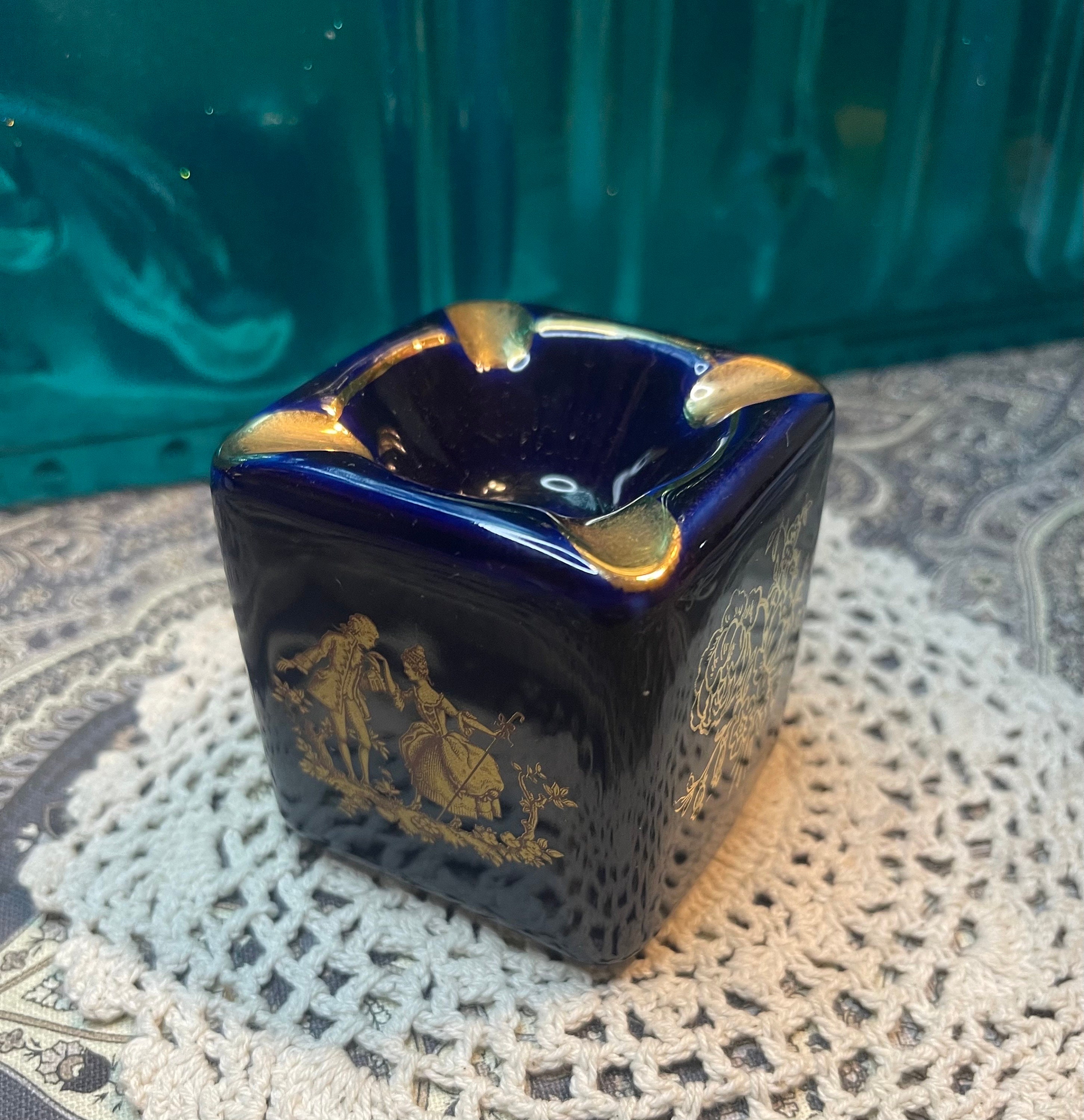 Vintage Small Porcelain Cube Ashtray-made in France - Blue and