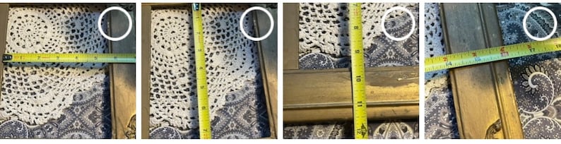 K&ouml;nnte beinhalten: Nahaufnahme eines goldenen Bilderrahmens mit einem Ma&szlig;band darauf. Der Rahmen ist 43 cm breit. Das Ma&szlig;band ist gelb mit schwarzen Markierungen.