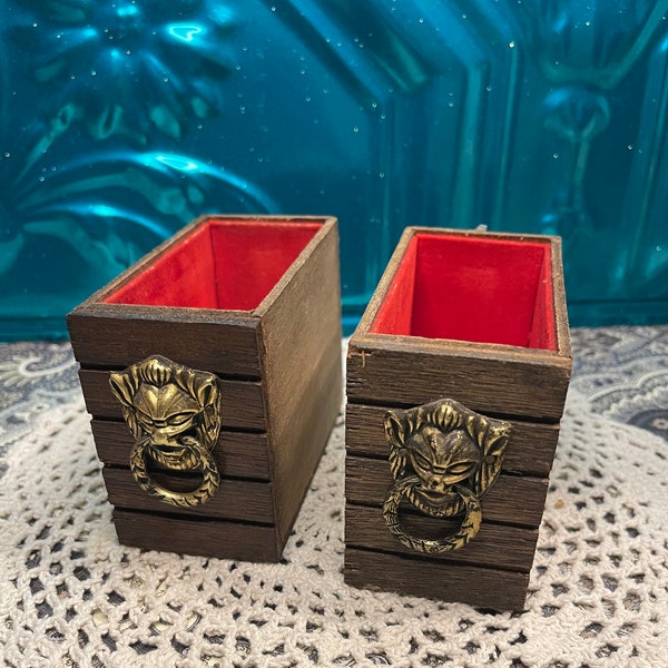 Vintage set of 2 little wood drawers with lion heads from old decanter box - repurpose pieces- craft pieces - aged