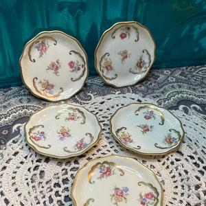 Vintage small- mini porcelain plates gilded- floral design- set of 5 marked