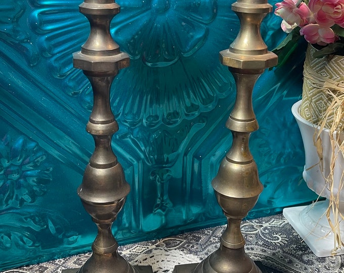Vintage Tall Brass Candlestick Holders Set of 2 Aged Etsy