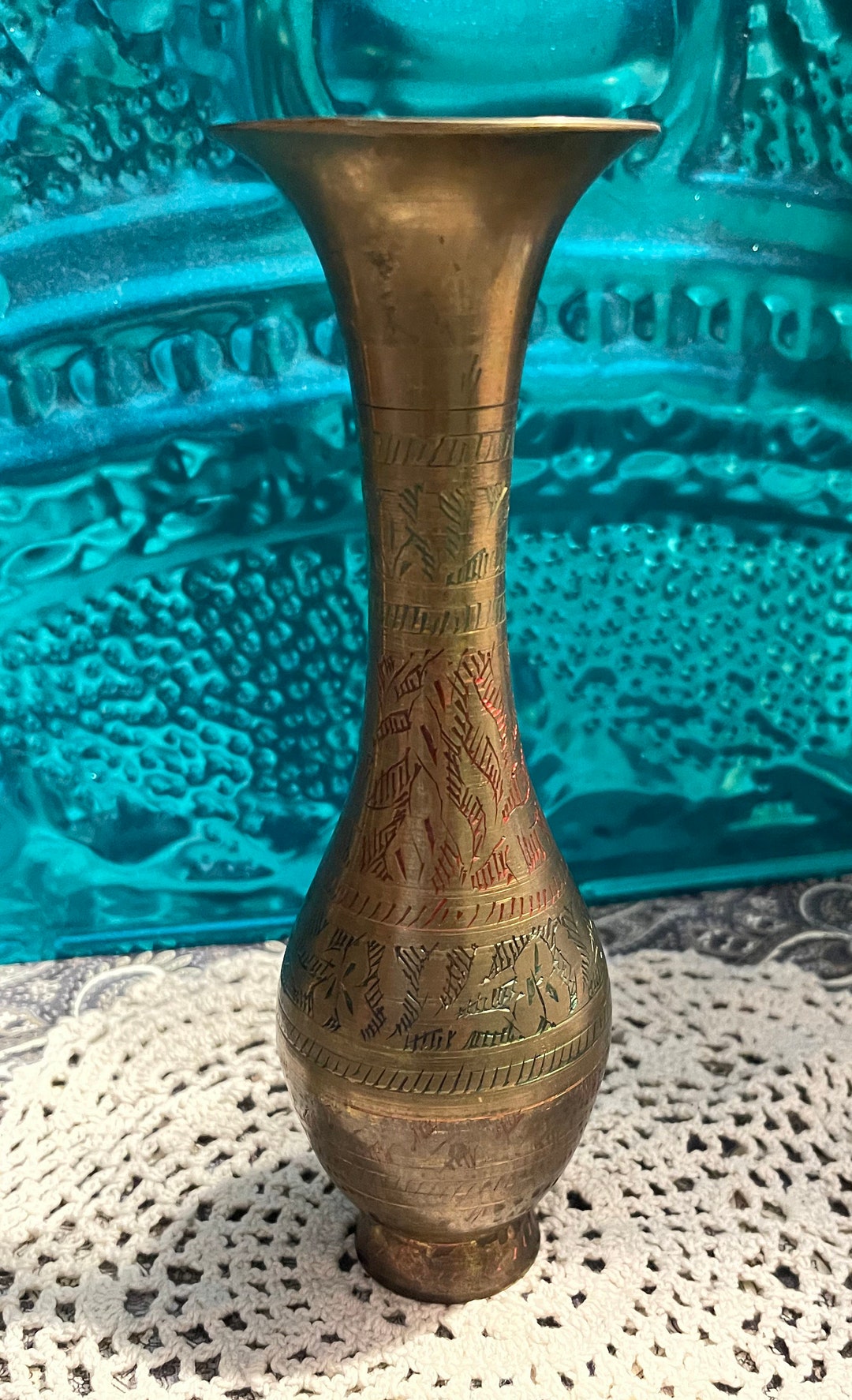 Vintage Small Brass Vase With Etched and Colored Details Aged Etsy