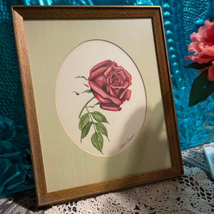 Vintage gilded wood framed matted flower - rose print or drawing under glass