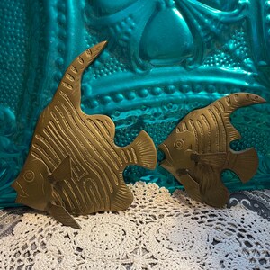 Vintage brass fish - angel fish wall hanging- set of 2- aged