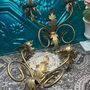 Vintage large gold tone metal leaf wall sconces set of 2 - for pillar candles- wear to the paint