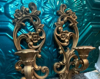 Vintage ornate gold plastic wall sconces- set of 2- aged paint