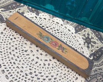 Vintage wood slide lid German pencil box- flower design