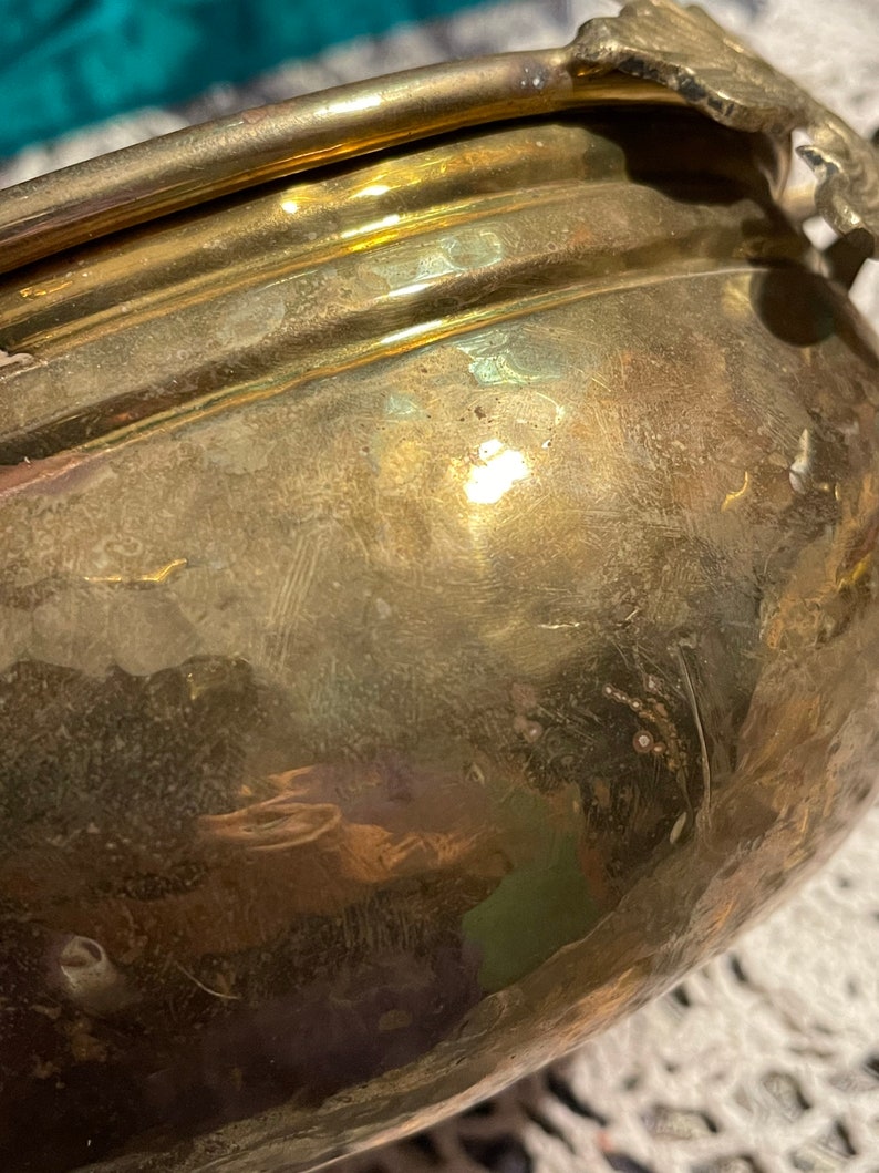 Vintage Hammered Brass Bowl Planter With Leaf Detail Aged Etsy