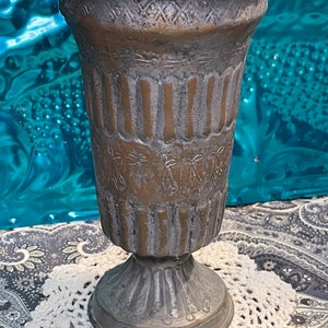 Vintage tinned copper vase - chalice style - scalloped rim