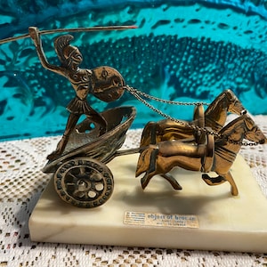 Vintage bronze chariot with horses Achilles - Achilleus on marble or stone base made in Greece - patina