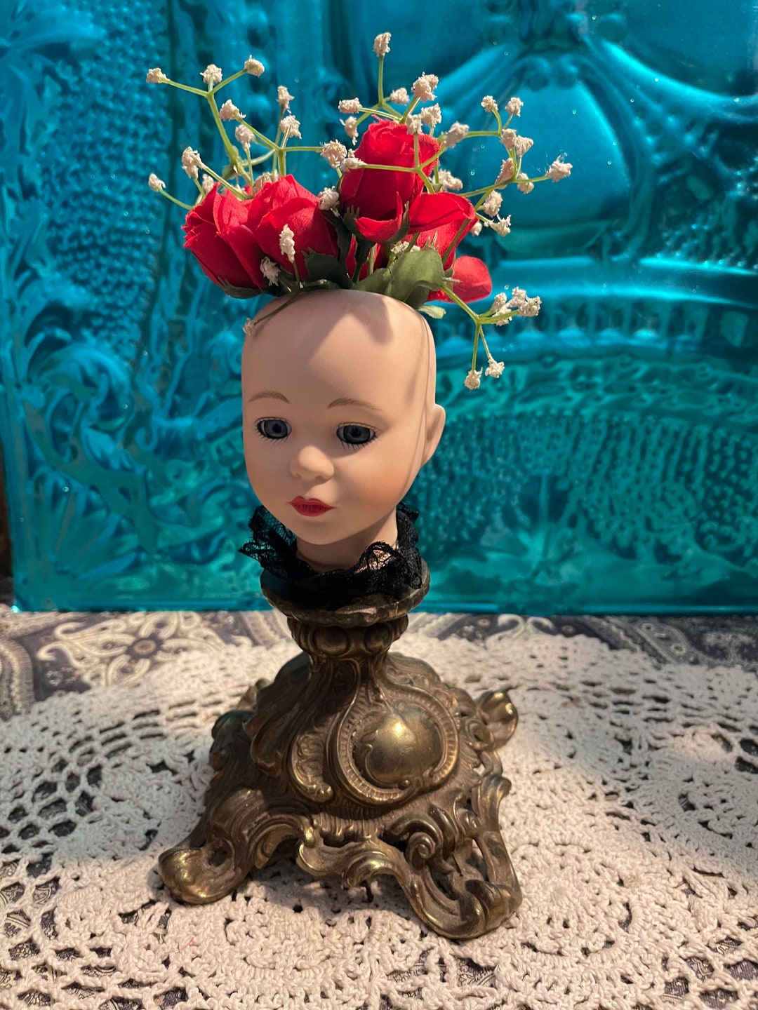 Doll Head Art Ceramic Doll Head on Ornate Vintage Metal Base Etsy