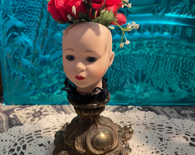 Doll Head Art Ceramic Doll Head on Ornate Vintage Metal Base With Lace