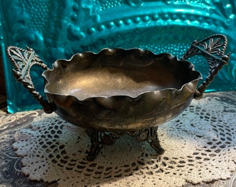 Antique quadruple plate ornate footed nut bowl - centerpiece- bowl - ornate handles- showing it’s age
