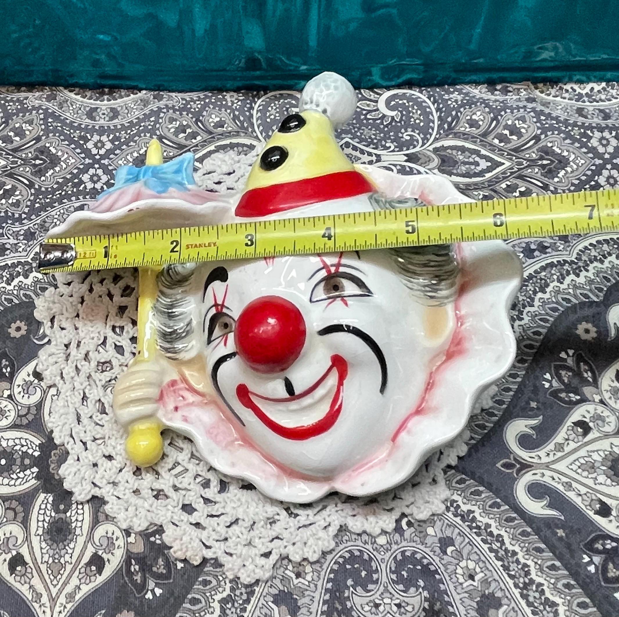Vintage Small Ceramic Clown With Umbrella Wall Pocket- Planter