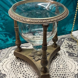 Vintage heavy brass stand with glass bowl - candle holder - bowl